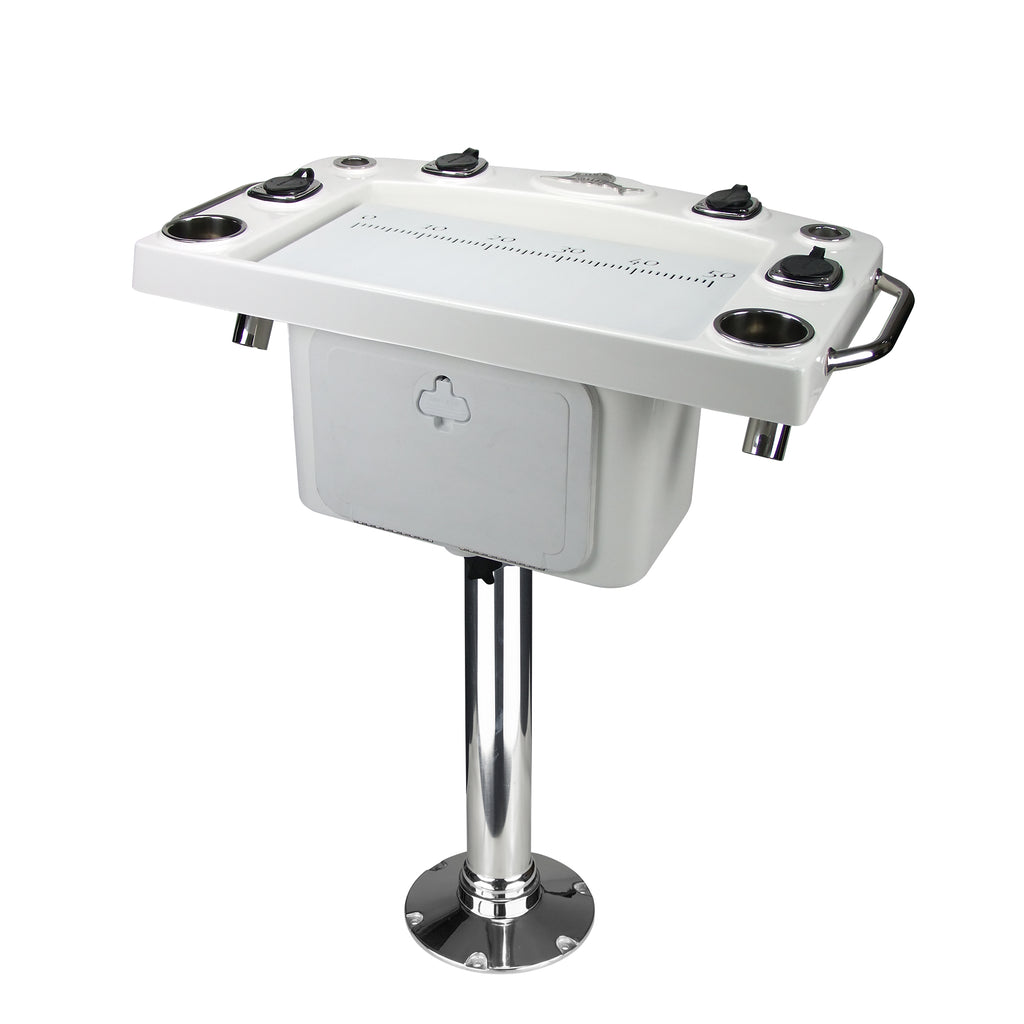 White Reelax deluxe tackle station with drawer and stainless pedestal; storm-grey variant image pending