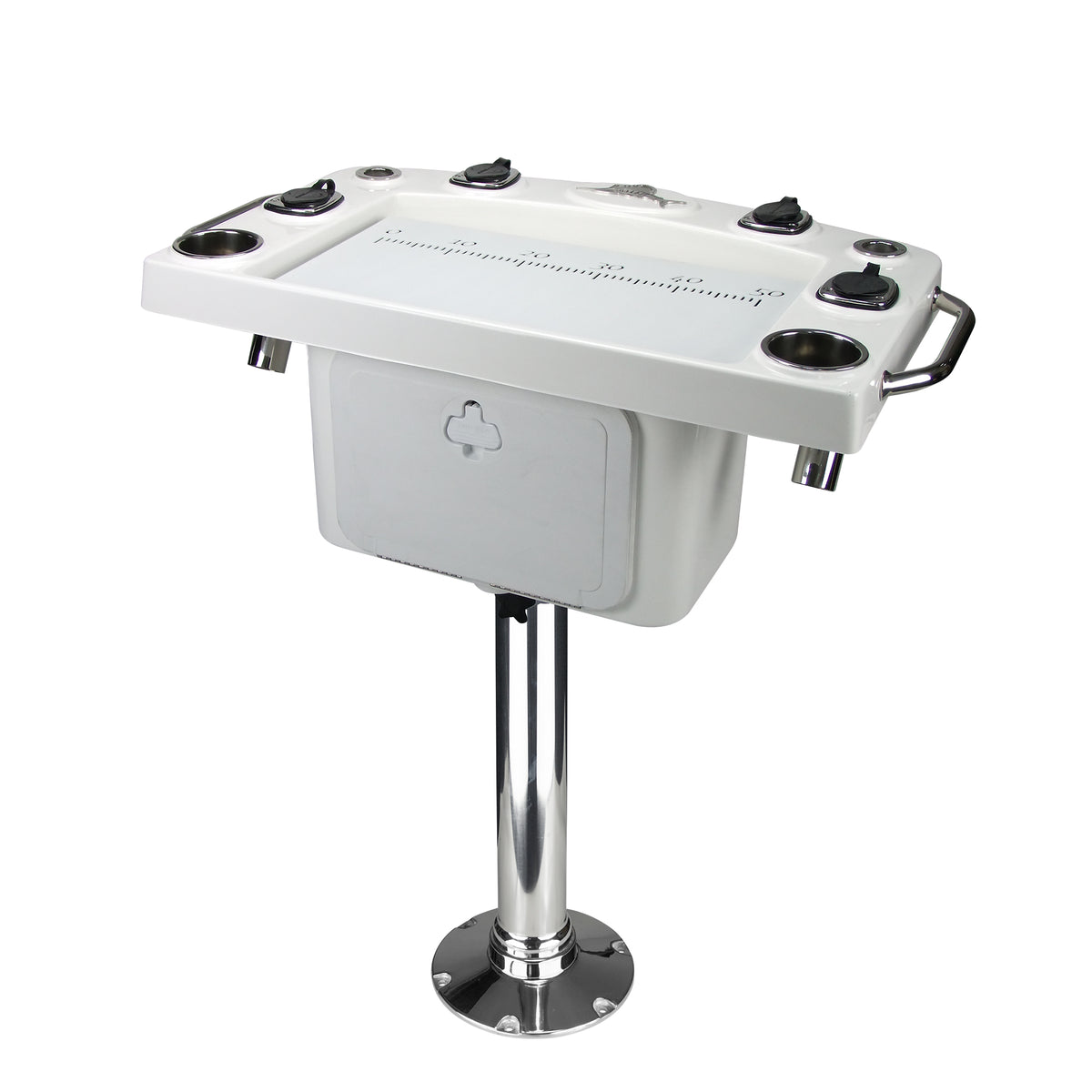 White Reelax deluxe tackle station with drawer and stainless pedestal; storm-grey variant image pending